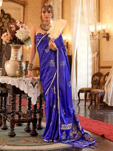 Gorgeous Royal Blue Zari Weaving Satin Event Wear Saree With Blouse